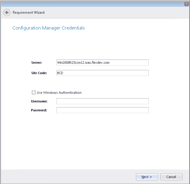 Requirement Wizard / Configuration Manager Credentials Panel