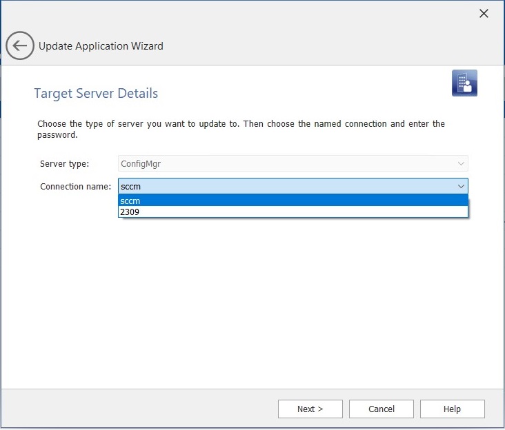 Update Application Wizard / Target Server Details Panel