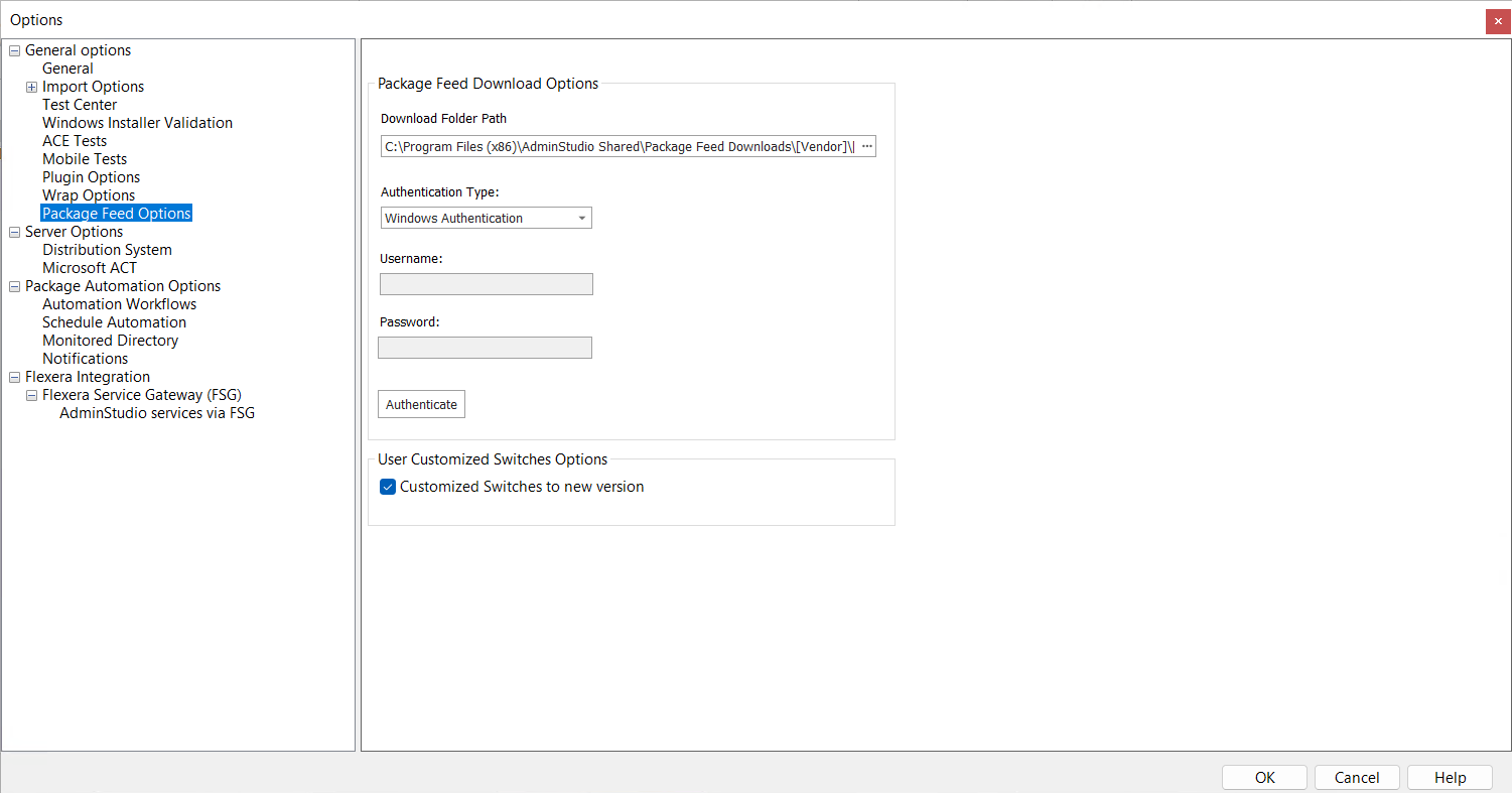 Options Dialog Box / Package Feed Options